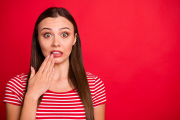 Poster - Close up photo of nice brunette charming beautiful shocked girl wearing striped t-shirt while isolated with red background