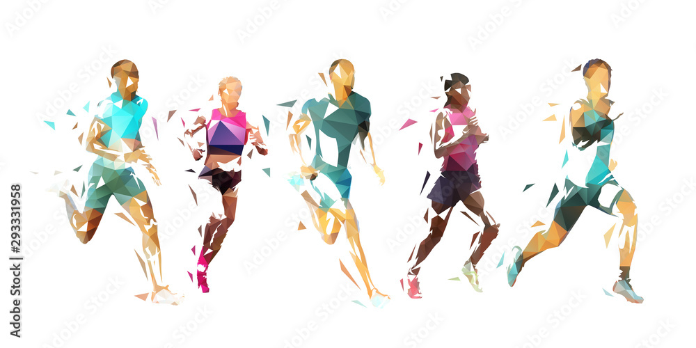 Run, group of running people, low poly vector illustration. Geometric runners - obrazy, fototapety, plakaty 