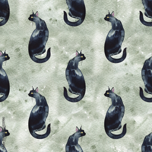 Cotton fabric Seamless pattern with watercolor silhouette of black cat with long tail.