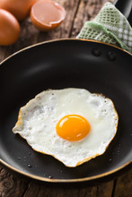 One Fresh Fried Egg Sunny Side Up In Skillet (Selective Focus, Focus On The Front Of The Egg Yolk)