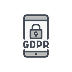 Poster - Smartphone with GDPR certification color line icon. Mobile phone with lock and data protection vector outline colorful sign.