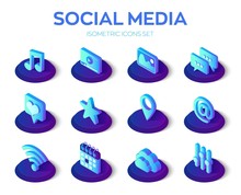 Social Media Apps Isons Set. Social Media 3d Isometric Icons. Mobile Apps. Created For Mobile, Web, Decor, Application. Perfect For Web Design, Banner And Presentation. Vector Illustration.