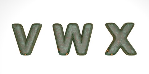 3D font from green hi-tech chips on a white background, technical font, the letters in it are vwx. isolate