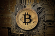 Bitcoin golden coin on computer circuit board 