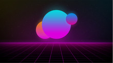 Synthwave Cyberspace Of Pink Laser Grid With Colorful Glowing Gradient Suns Over The Horizon On Starry Space Background. Retrowave Style Illustration For Banner, Flyer, Poster Etc.