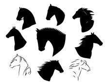 Set Of Hand Drawn Black Vector Horses Silhouettes.
