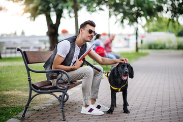 Wall Mural - Young blind man with white cane and guide dog sitting in park in city.