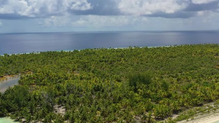 Wall Mural - Drone videoof Fakarava atoll island motu and UNESCO Biosphere Reserve French Polynesia Tahiti, coral reef and Pacific Ocean. Tropical travel paradise in Tuamotus Islands.