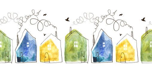 Wall Mural - Seamless pattern with hand painted watercolor houses. Isolated on white background.