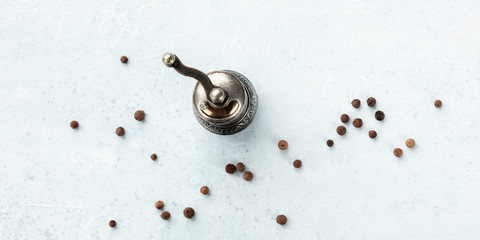 Wall Mural - Allspice, Jamaica pepper. A panorama of scattered peppercorns with a vintage pepper mill, shot from the top with a place for text. Culinary flat lay design template