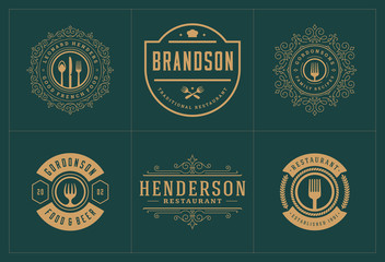 Wall Mural - Restaurant logos templates set vector illustration good for menu labels and cafe badges