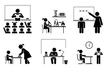 Set Of School And Education Pictograms And Icons. School Days. Teacher And Pupils In Classroom.