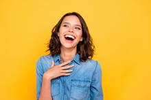 You Are So Funny. Portrait Of Cheerful Positive Funny Funky Girl Hear Joke Laugh Wear Youth Clothses Isolated Over Yellow Bright Color Background