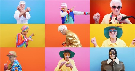 Wall Mural - Composition with different videos of a funny grandmother. Ols senior woman performing several activities. Concept about people, lifestyle and seniority