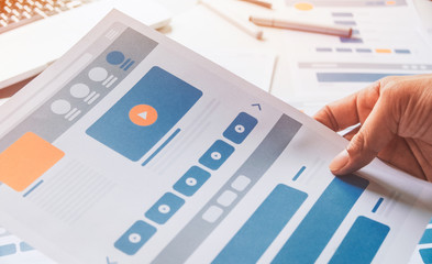 Poster - Website designer Creative planning application developer development draft sketch drawing template layout prototype framework wireframe design studio . User experience concept .