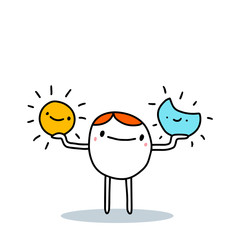Leinwandbilder - Cartoon man choosing between day and night hand drawn vector illustration
