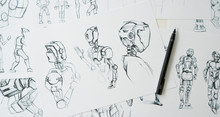 Animator Designer Development Designing Drawing Sketching Development Creating Graphic Pose Characters Sci-fi Robot Cartoon Illustration Animation Video Game Film Production , Animation Design Studio.