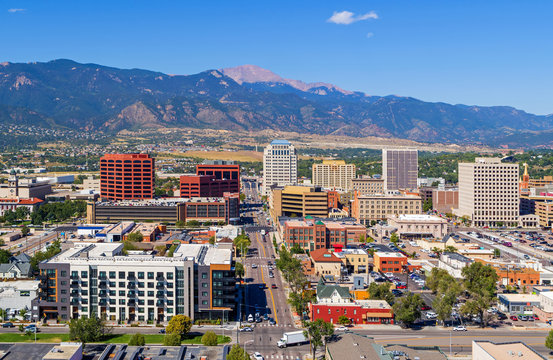 aerial of downtown colorado springs with pikes peak in the background
