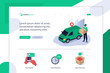 Online Delivery Service Landing Page Template. Courier holding Parcel Box with Purchases and standing near Delivery Van. Online Shopping and Logistic Concept. Flat Isometric Vector Illustration.