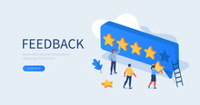 People Characters Giving Five Star Feedback. Clients Choosing Satisfaction Rating And Leaving Positive Review. Customer Service And User Experience Concept. Flat Isometric Vector Illustration.