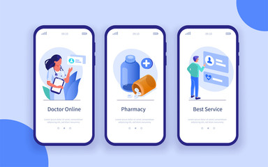 healthcare and medicine mobile app pages template. patient choosing online doctor and receiving medi