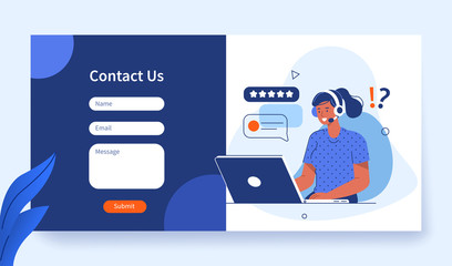 Poster - contact us form template for web and landing page. female customer service agent with headsets talki