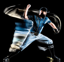 One Caucasian Baseball Player Man Studio Shot Isolated On Black Background With Light Painting Speed Effect