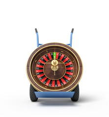 Poster - 3d rendering of navy blue hand truck standing upright with casino roulette wheel on it.