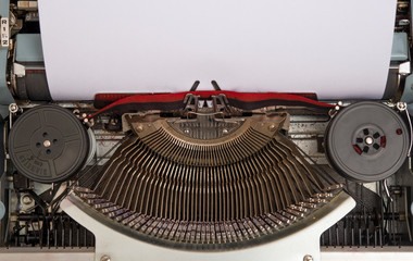 Fototapete - Old manual typewriter with white paper close up photo, copy space banner