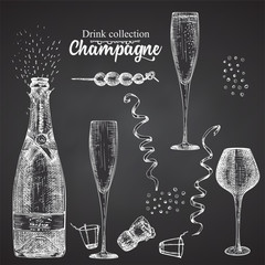 Set hand drawn sketch bottle and glasses champagne, on black chalckboard Vintage design bar, restaurant, cafe menu on white background. Graphic vector art Creative template for flyer, banner, poster