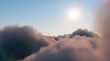 Wall Mural - flight through moving cloudscape with beautiful sun rays. beautiful realistic flight over cumulus lu