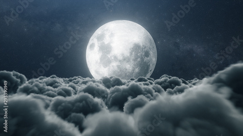 Photographie Beautiful realistic flight over cumulus lush clouds in the night moonlight