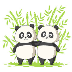 Two cute pandas. Hand drawn vector illustration with separate layers.