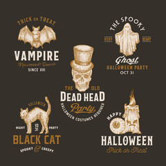 Wall Mural - Vintage Style Halloween Logos or Labels Template Set. Hand Drawn Vampire Bat, Scull, Candle, Eye, Cat and Ghost Sketch Symbols Collection. Retro Typography. Dark Background