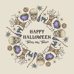 Wall Mural - halloween sketch wreath, banner or card template. advertising holiday vector illustration with retro