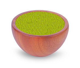 Wall Mural - green tea powder on wooden bowl isolated on white background