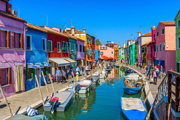 Wall Mural - Street with colorful buildings and canal in Burano island, Venice, Italy. Architecture and landmarks of Venice, Venice postcard