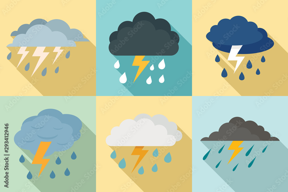 Thunderstorm icons set. Flat set of thunderstorm vector icons for web ...