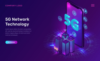 Poster - 5g network technology, isometric concept vector illustration. smart city, buildings with 5g symbol w