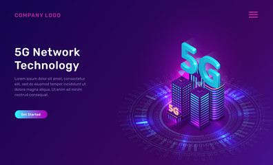 Poster - 5g network technology, isometric concept vector illustration. smart city, tall buildings with 5g sym