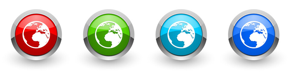 Fototapete - Earth silver metallic glossy icons, red, set of modern design buttons for web, internet and mobile applications in four colors options isolated on white background