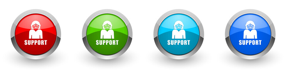 Poster - Support silver metallic glossy icons, red, set of modern design buttons for web, internet and mobile applications in four colors options isolated on white background