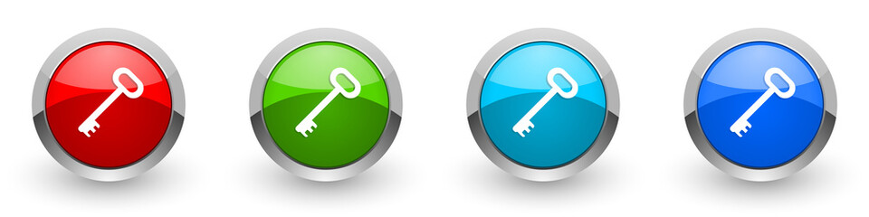 Fototapete - Key silver metallic glossy icons, red, set of modern design buttons for web, internet and mobile applications in four colors options isolated on white background