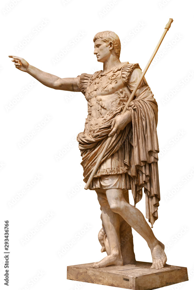 Caesar Augustus, the first emperor of Ancient Rome. Bronze monumental statue in the center of Rome isolated on white background by clipping path - obrazy, fototapety, plakaty 