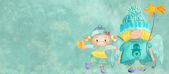 Wall Mural - Christmas angel and little girl. Banner for children