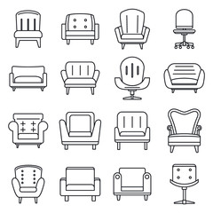 Poster - Soft armchair icons set. Outline set of soft armchair vector icons for web design isolated on white background