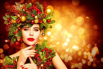 Wall Mural - christmas woman face beauty makeup, wreath hairstyle. fashion model xmas portrait, beautiful girl wi