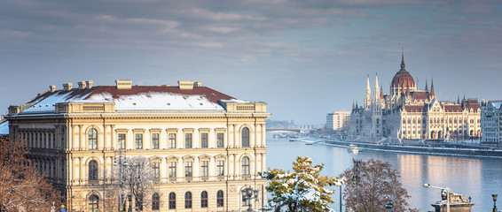 Famous Chain Bridge in winter in Budapest, Hungary