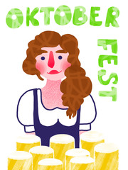 Curve brown hair waitress holds beer glasses. Female wears traditional germany clothes. Oktoberfest cartoon illustration on white background. One of a series.