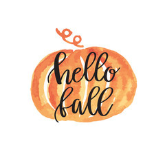 Wall Mural - Hello fall hand lettering phrase on orange watercolor maple leaf background